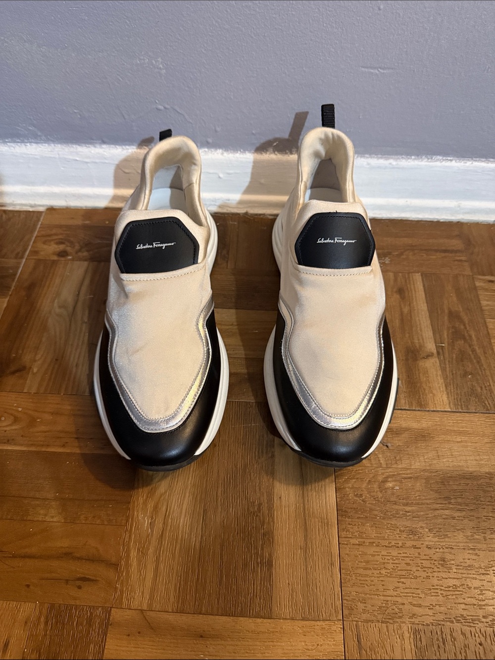 Salvatore Ferragamo Cream and Black Slip-On Sneakers